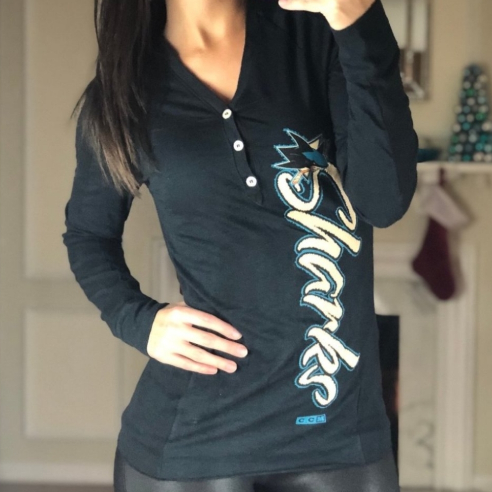 NHL Women's San Jose Sharks Fitted V Neck Three (3) Button Long Sleeve Tee XL